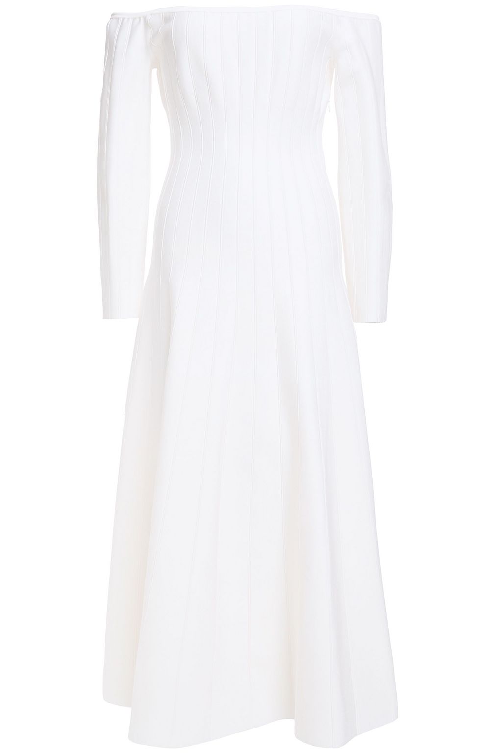 off the shoulder ribbed midi dress