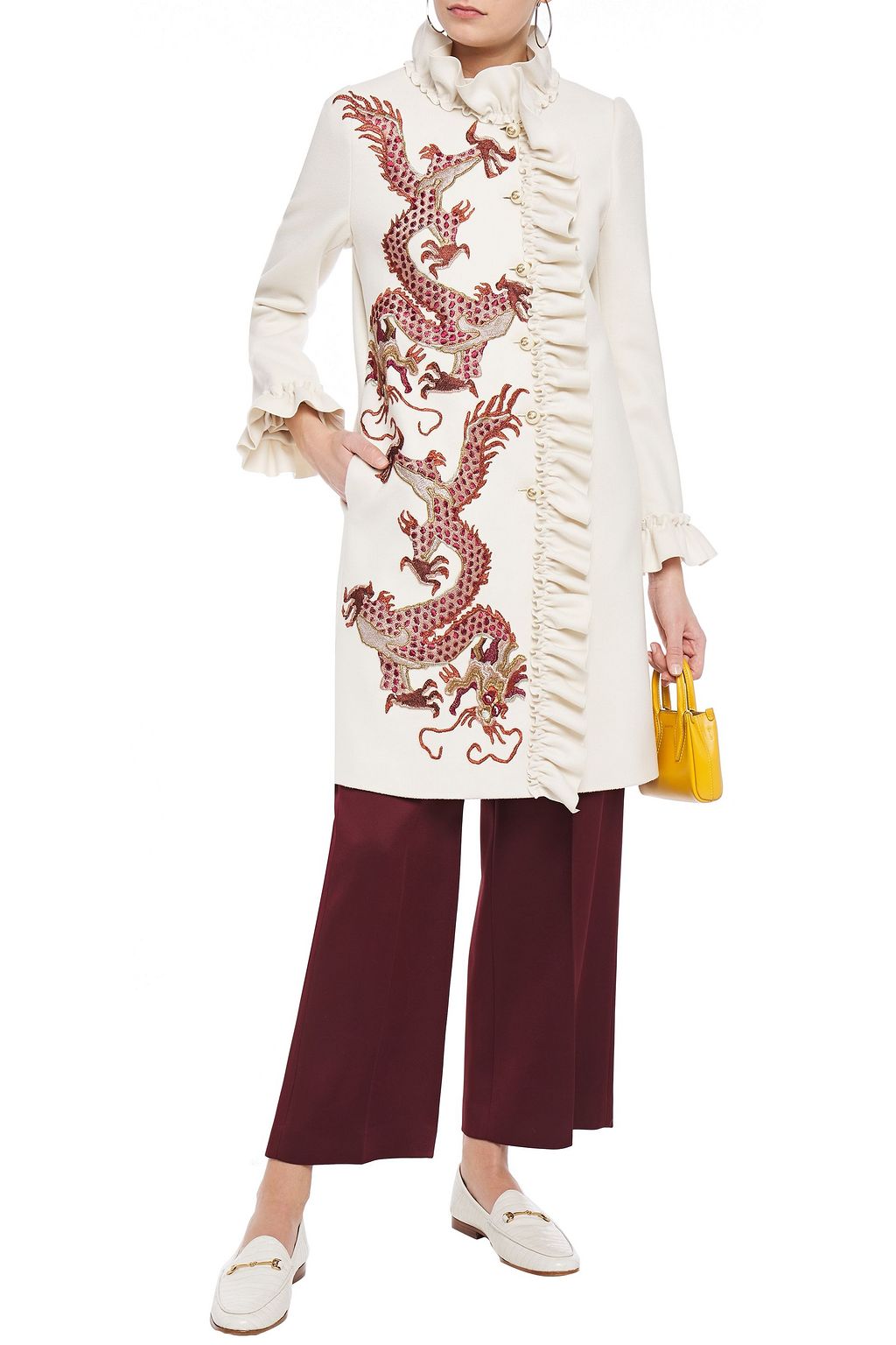 GUCCI Ruffle-trimmed embroidered wool-felt coat