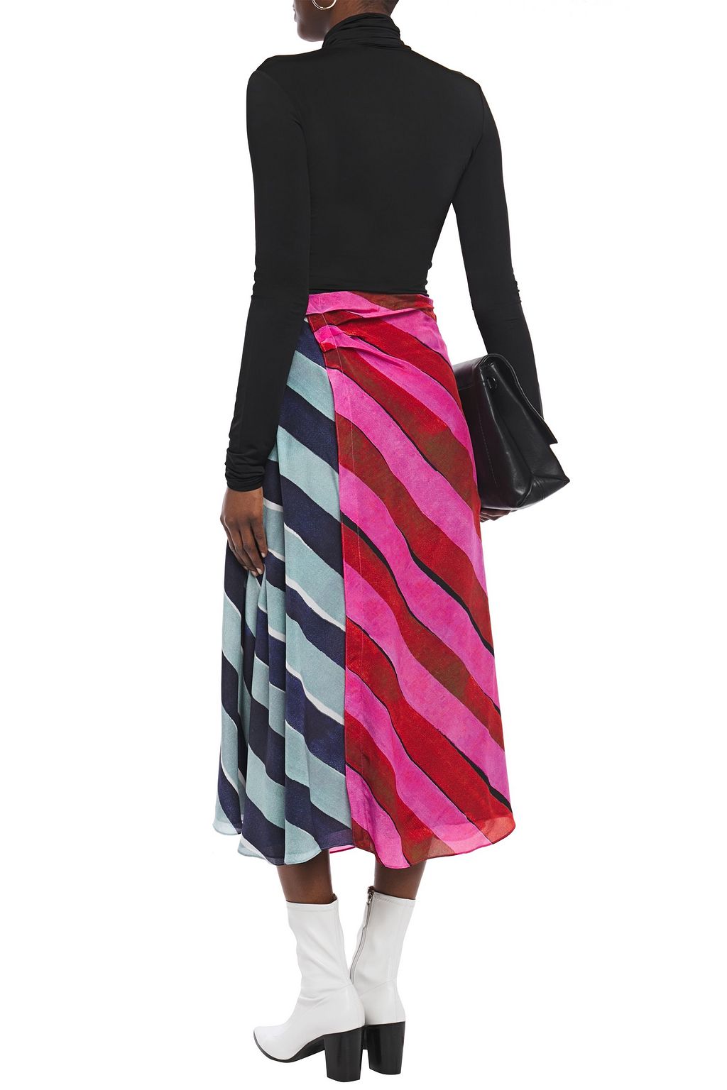 HOUSE OF HOLLAND Paneled ruched striped silk crepe de chine midi skirt
