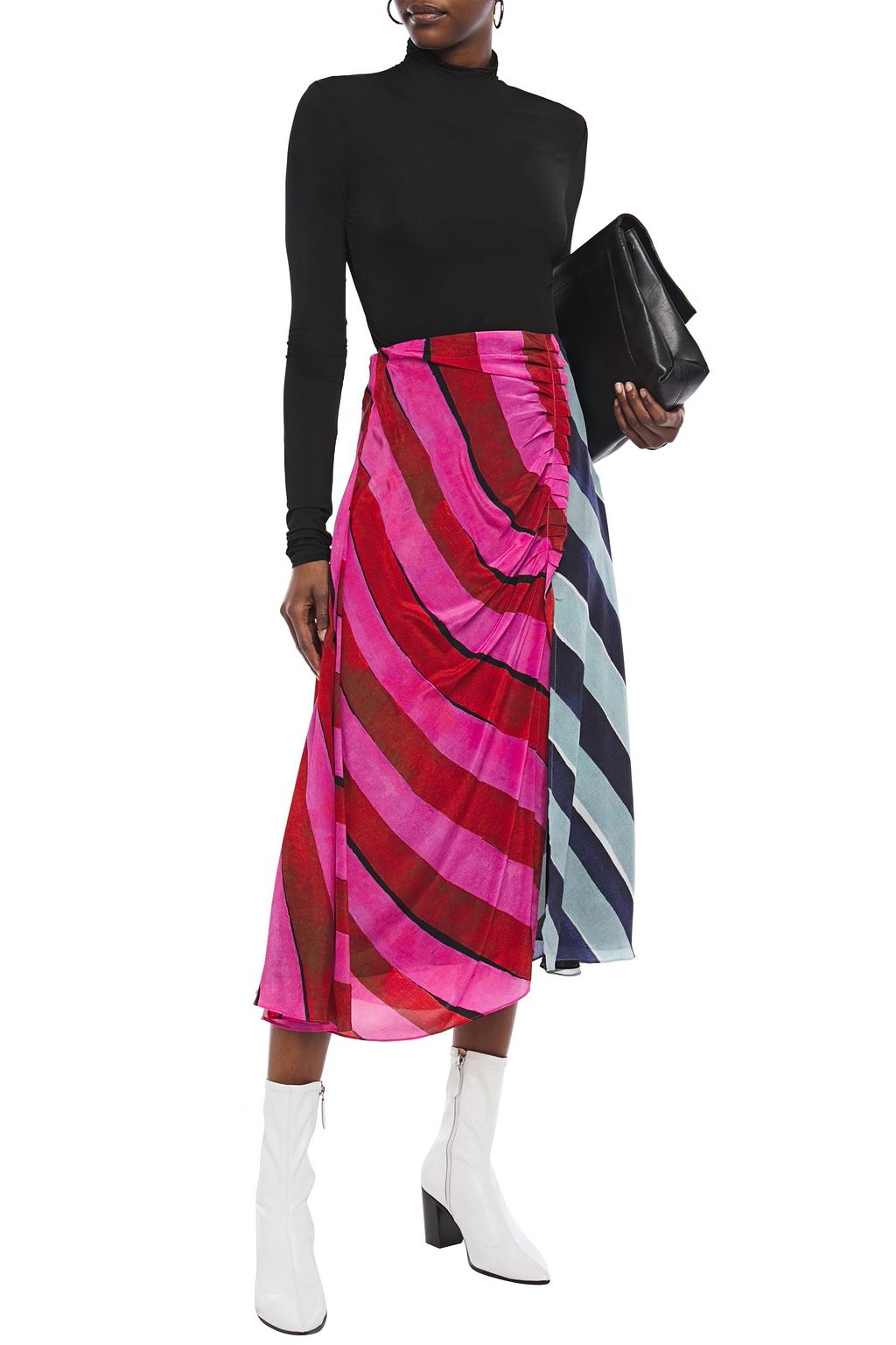 HOUSE OF HOLLAND Paneled ruched striped silk crepe de chine midi skirt