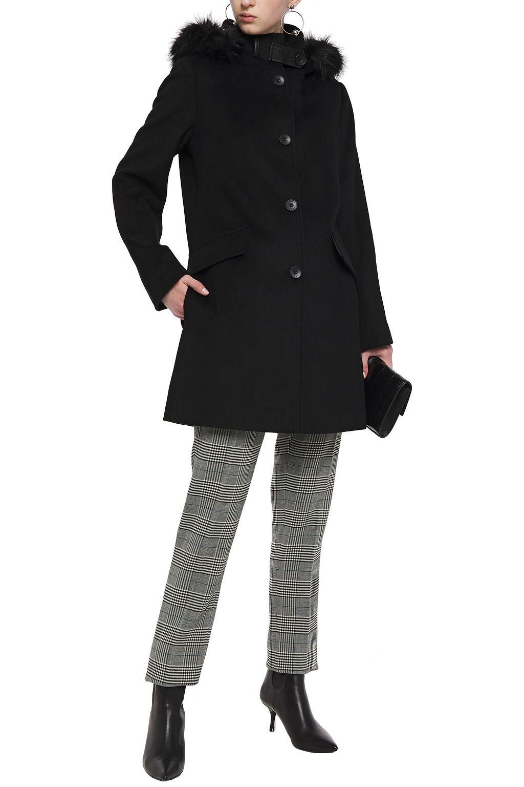 DKNY Faux fur-trimmed wool-blend coat