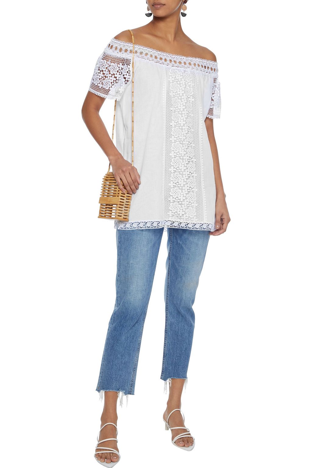 CHARO RUIZ IBIZA Off-the-shoulder crocheted lace-paneled cotton-blend gauze top
