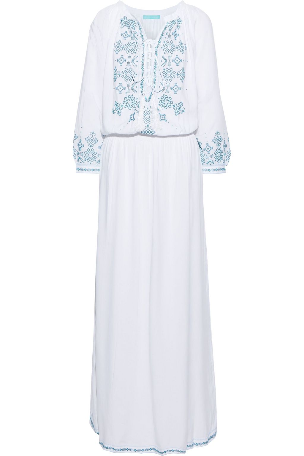 white maxi dress with blue embroidery