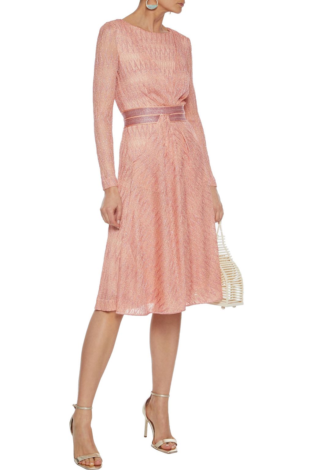 MISSONI Belted gathered metallic crochetknit dress THE