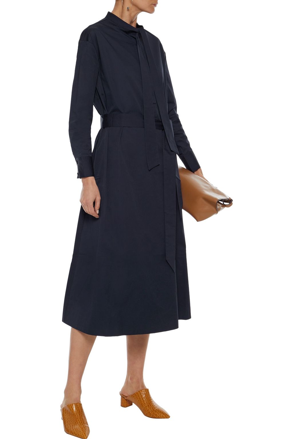 CO Tie-neck belted cotton-poplin midi dress