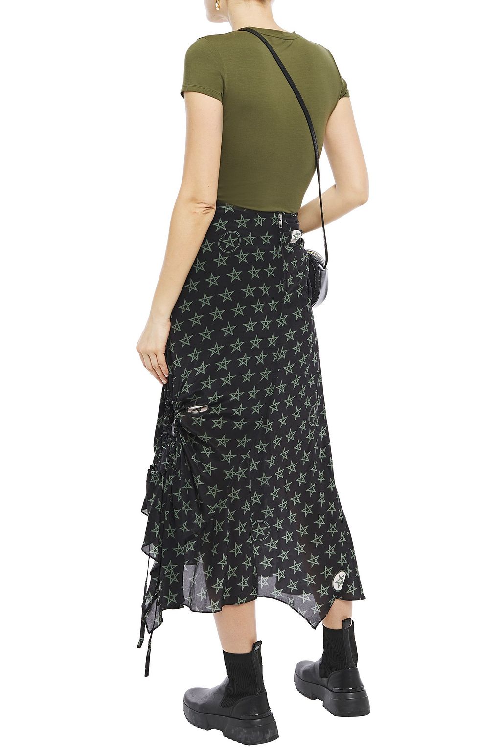 PREEN LINE Arya asymmetric ruched printed crepe de chine midi skirt