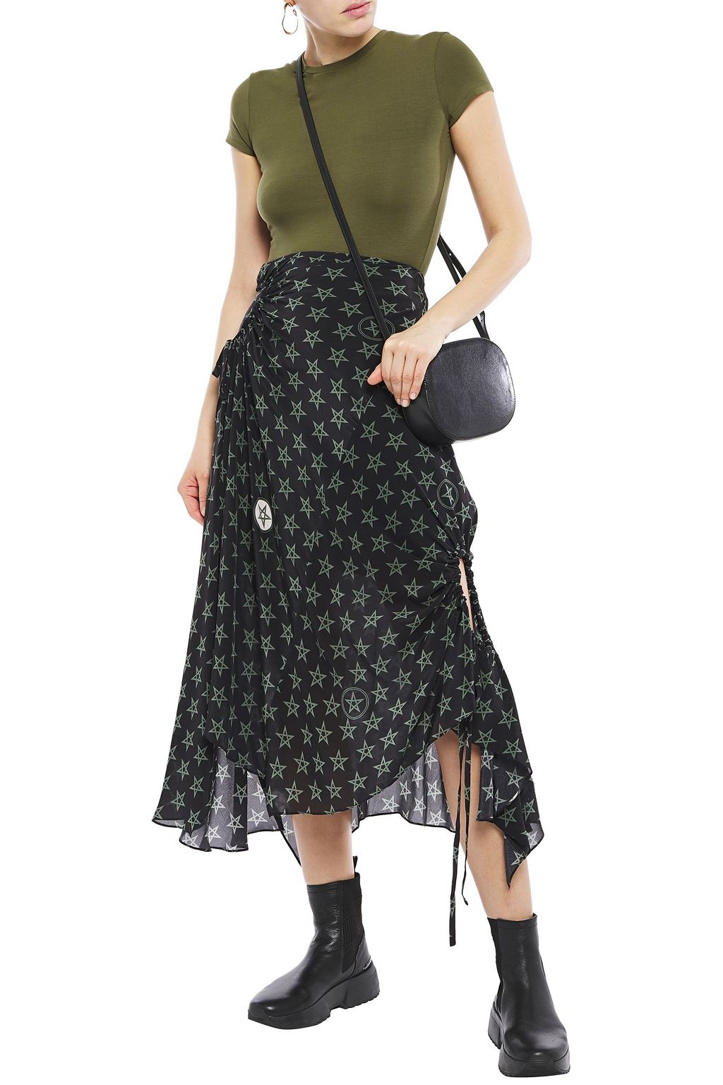 PREEN LINE Arya asymmetric ruched printed crepe de chine midi skirt