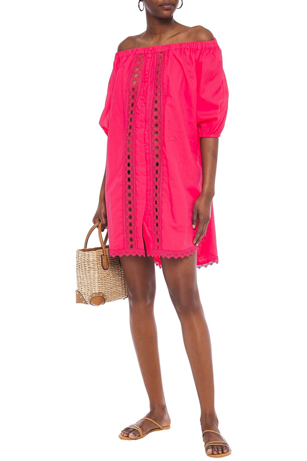 Charo Ruiz Ibiza Off The Shoulder Crocheted Lace Trimmed Cotton Blend Voile Mini Dress The Outnet