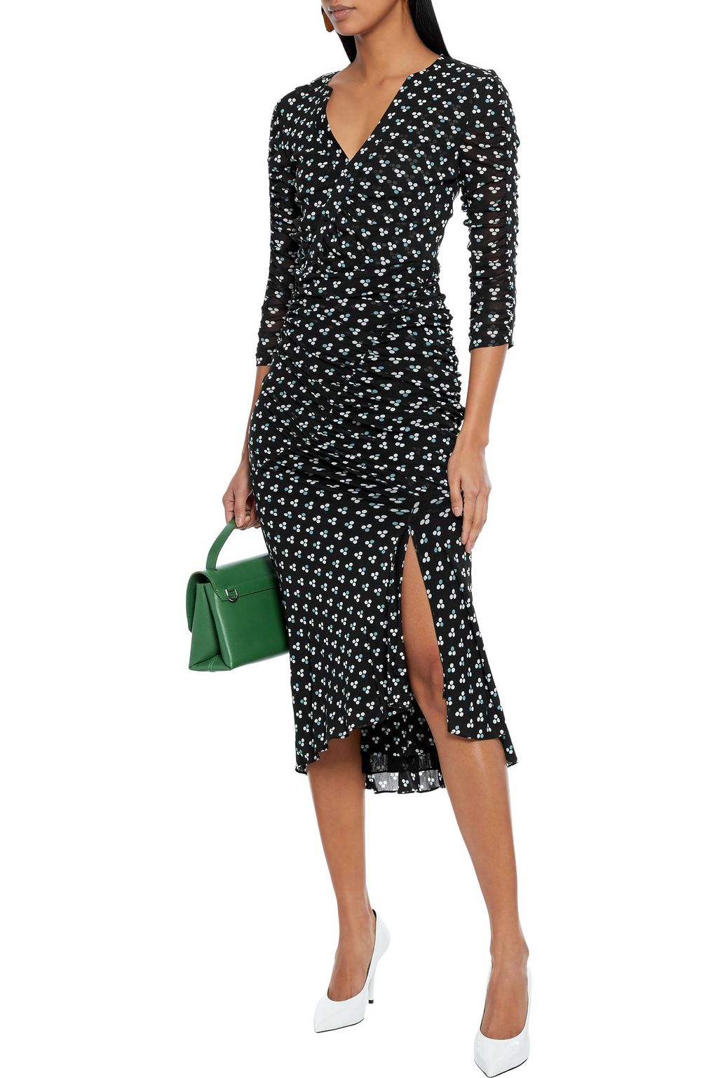 Black Briella ruched polka-dot stretch-mesh midi dress | DIANE VON FURSTENBERG | THE OUTNET