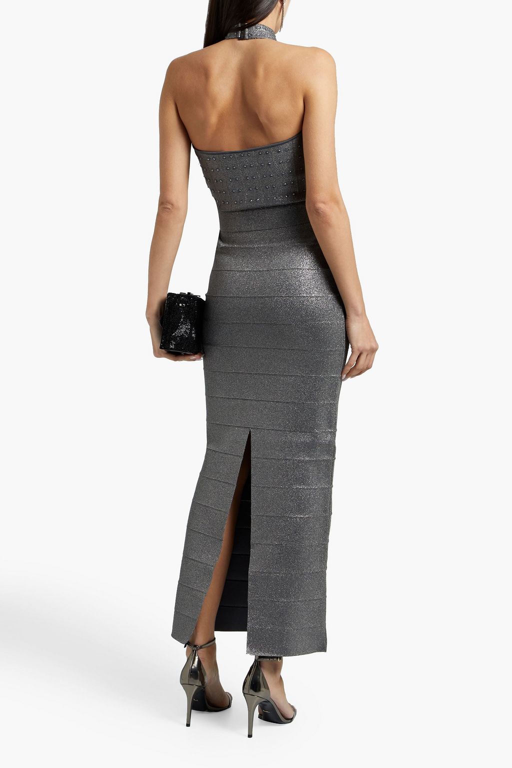 HERVÉ LÉGER Crystal-embellished metallic bandage halterneck gown