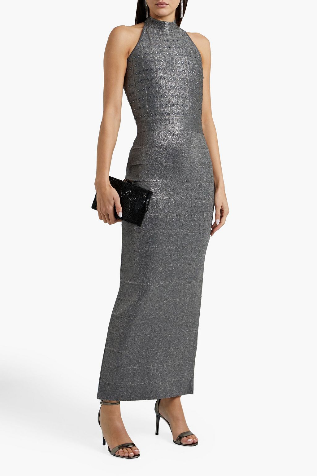 HERVÉ LÉGER Crystal-embellished metallic bandage halterneck gown