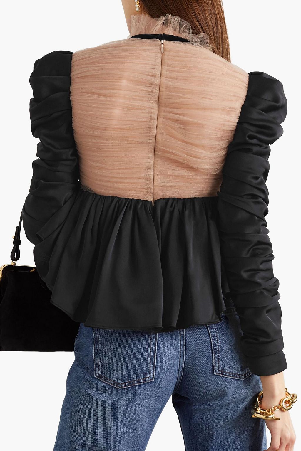 KHAITE Fanny tulle-paneled ruched satin peplum top