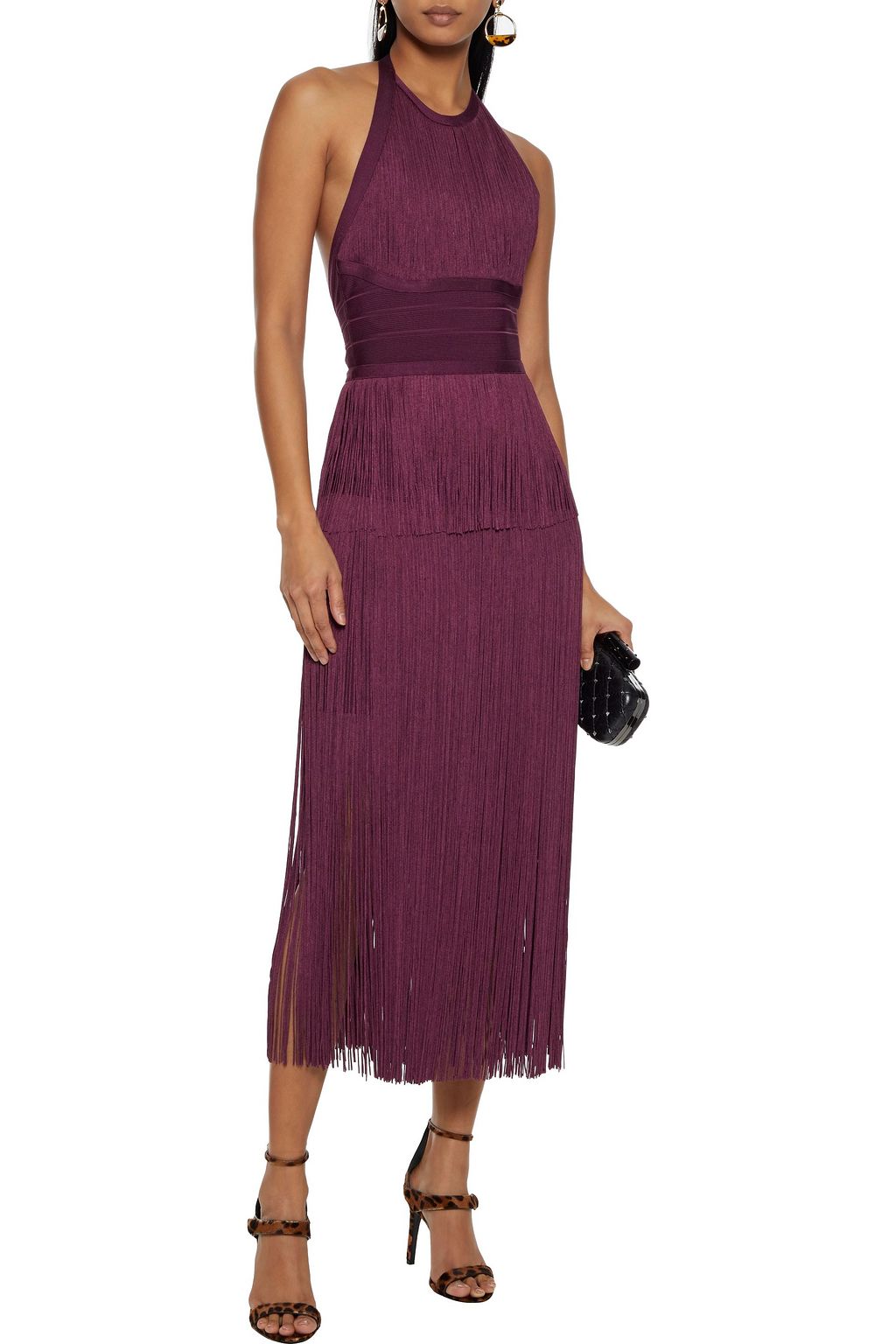 HERVÉ LÉGER Fringed bandage halterneck midi dress