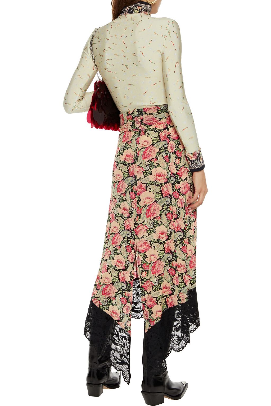 RABANNE Asymmetric lace-trimmed floral-print stretch-cupro midi skirt