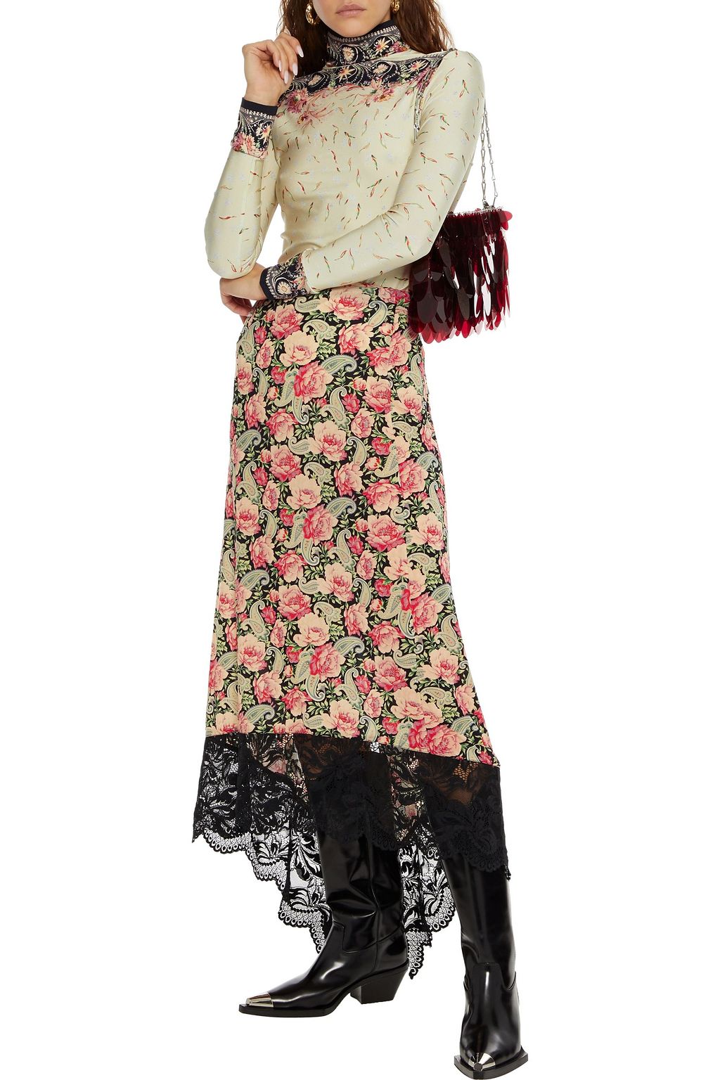 RABANNE Asymmetric lace-trimmed floral-print stretch-cupro midi skirt