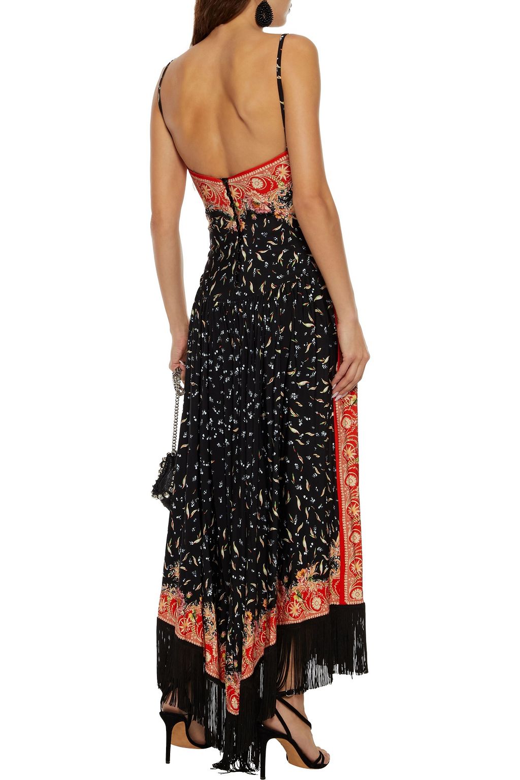 PACO RABANNE Asymmetric fringe-trimmed printed satin-jersey maxi dress