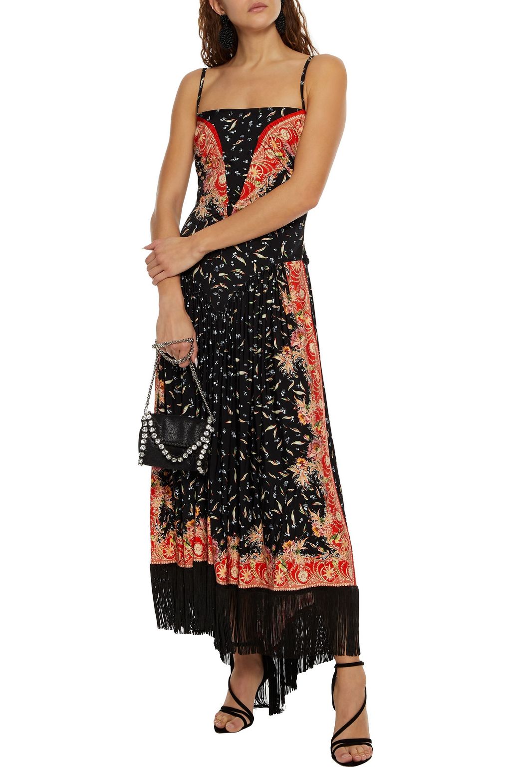 PACO RABANNE Asymmetric fringe-trimmed printed satin-jersey maxi dress