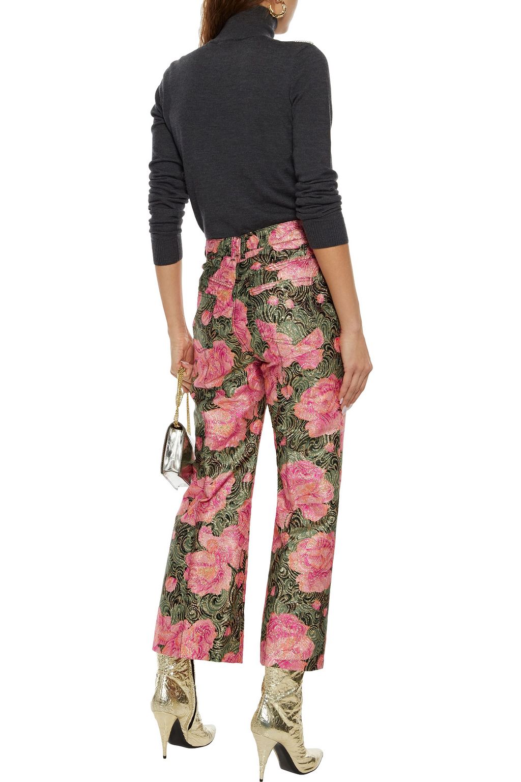 RABANNE Glitter-embellished floral-print jacquard kick-flare pants