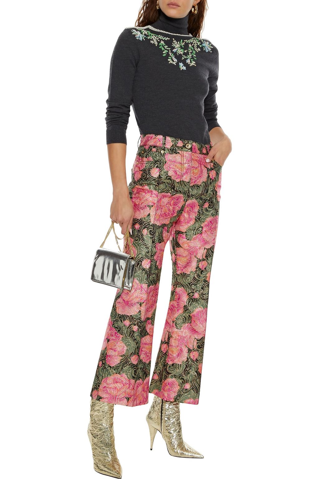 RABANNE Glitter-embellished floral-print jacquard kick-flare pants