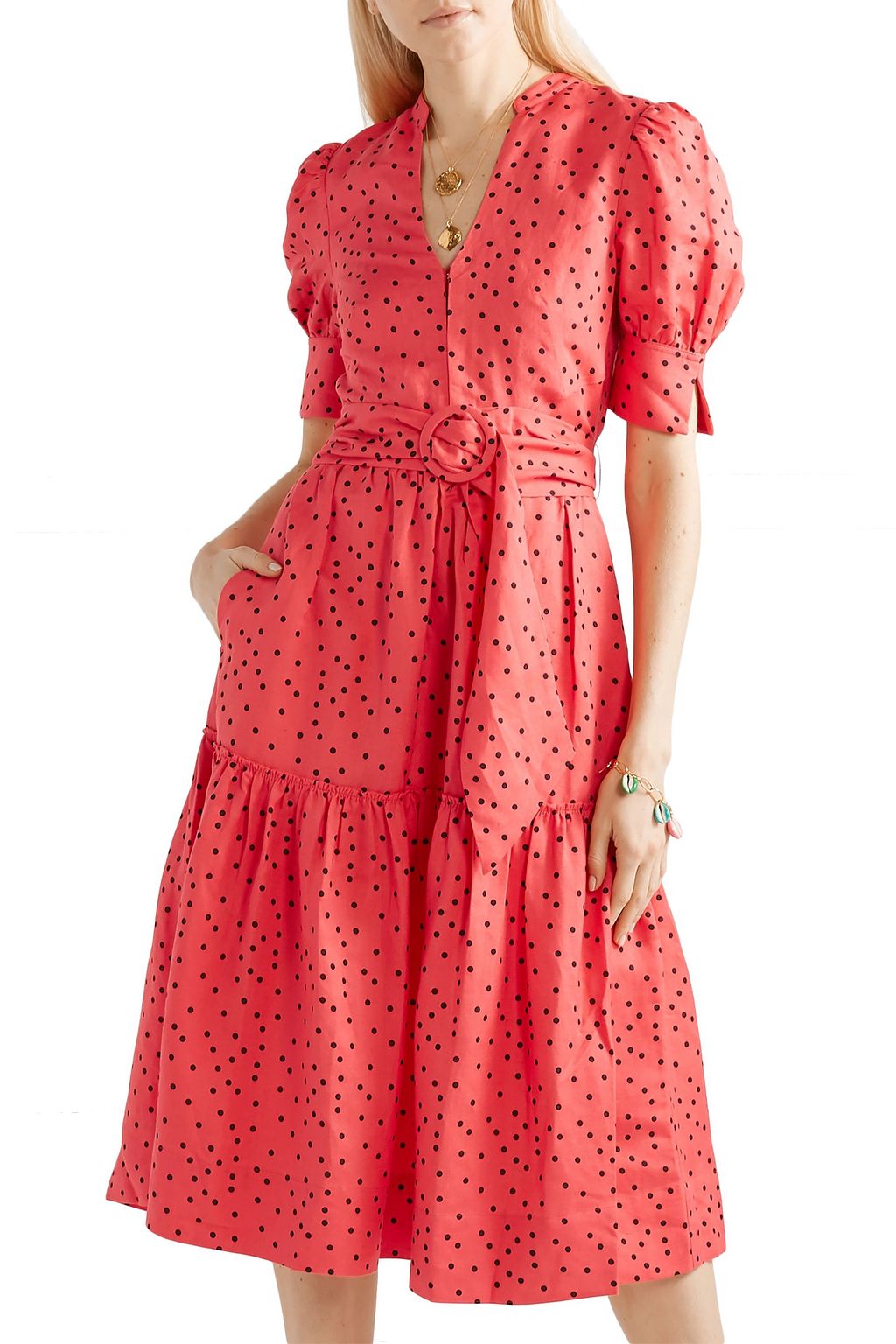 REBECCA VALLANCE Holliday belted polka-dot linen-blend midi dress