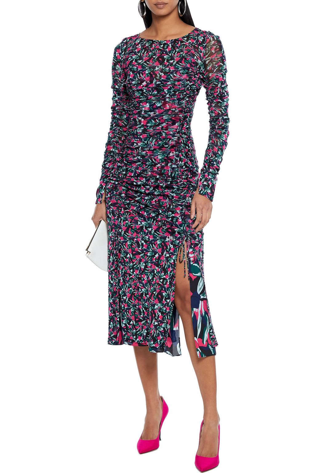 DIANE VON FURSTENBERG Corinne ruched printed stretch-mesh midi dress