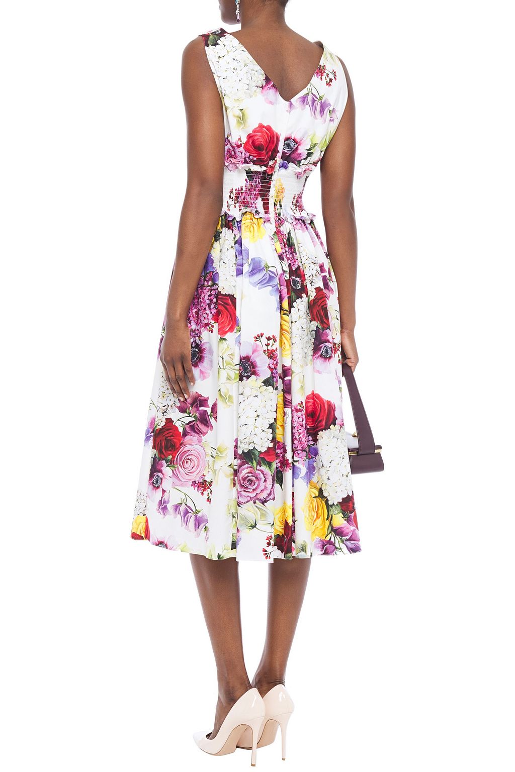 DOLCE&GABBANA Shirred floral-print cotton-poplin midi dress