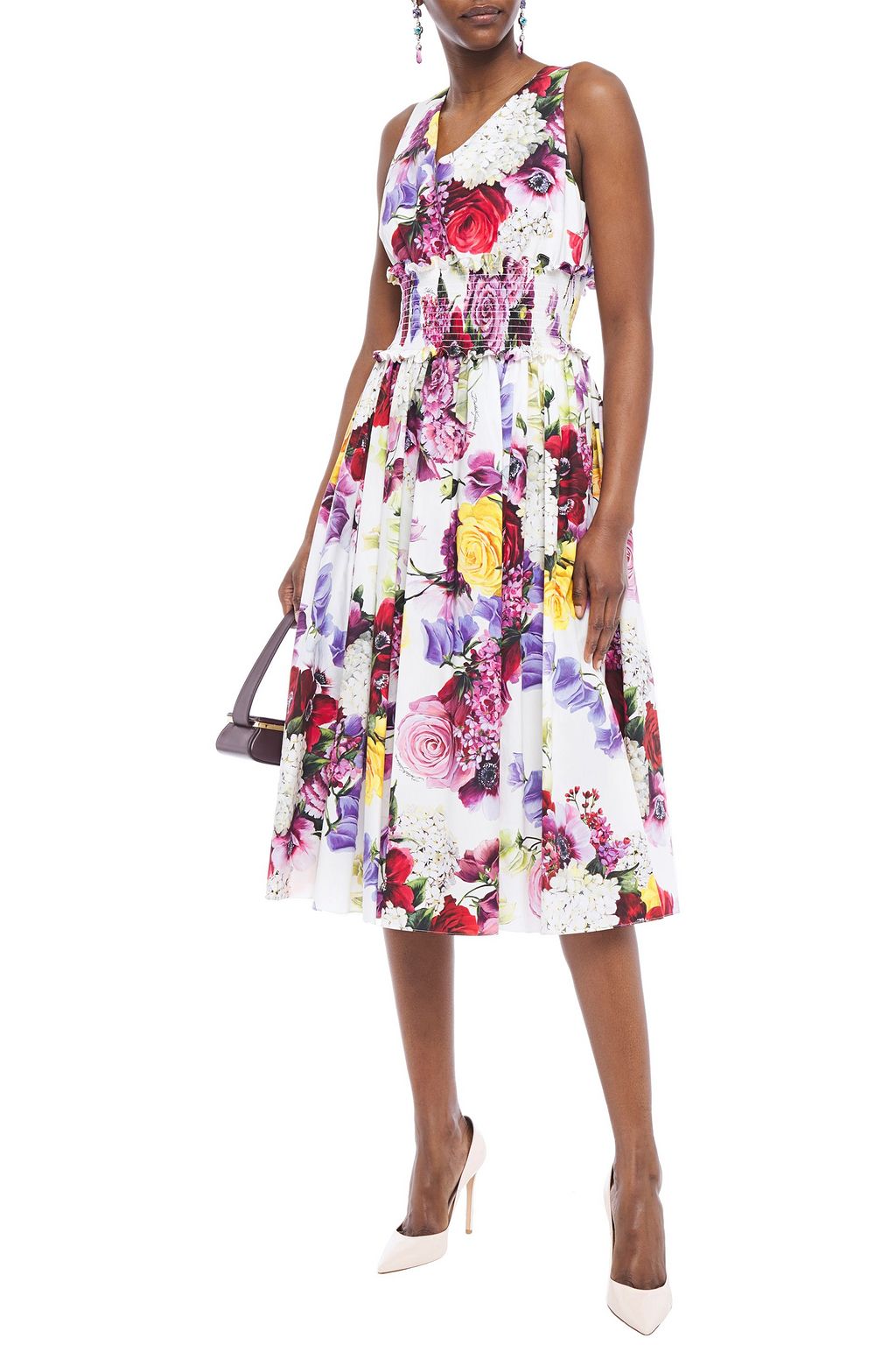 DOLCE&GABBANA Shirred floral-print cotton-poplin midi dress