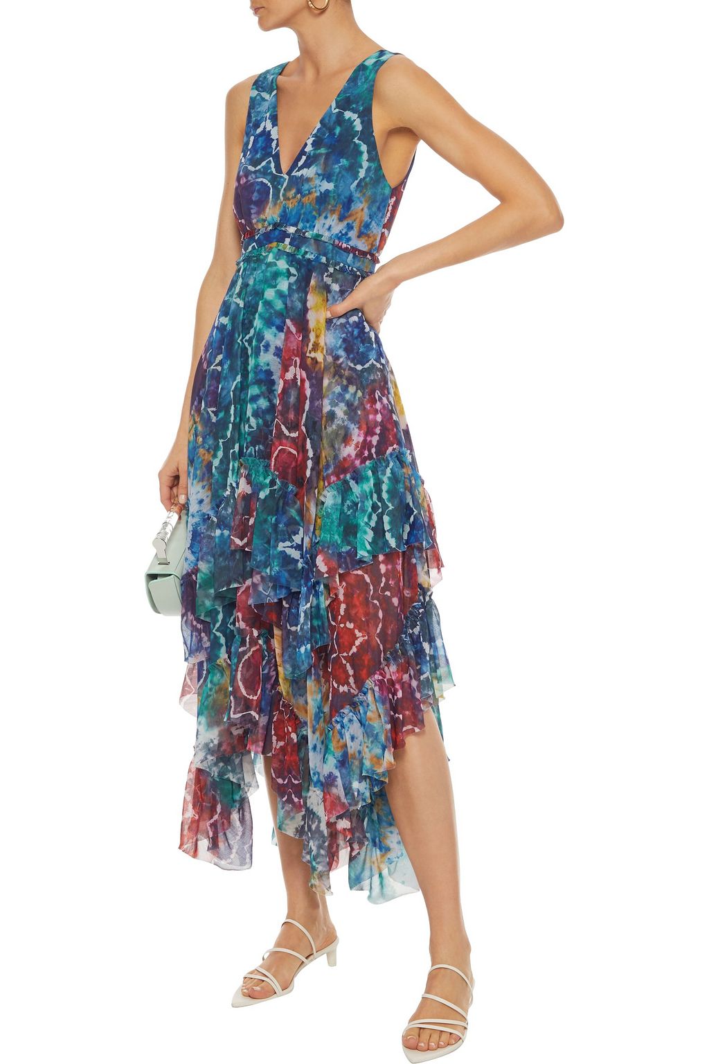 ALICE + OLIVIA Ilia asymmetric ruffled tie-dyed georgette midi dress ...