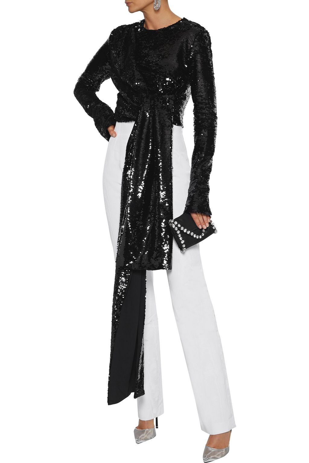 16ARLINGTON Cropped tie-front sequined tulle top
