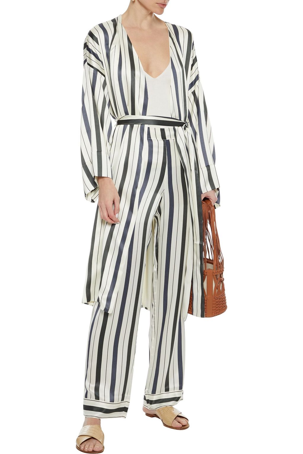ASCENO Striped silk-satin robe