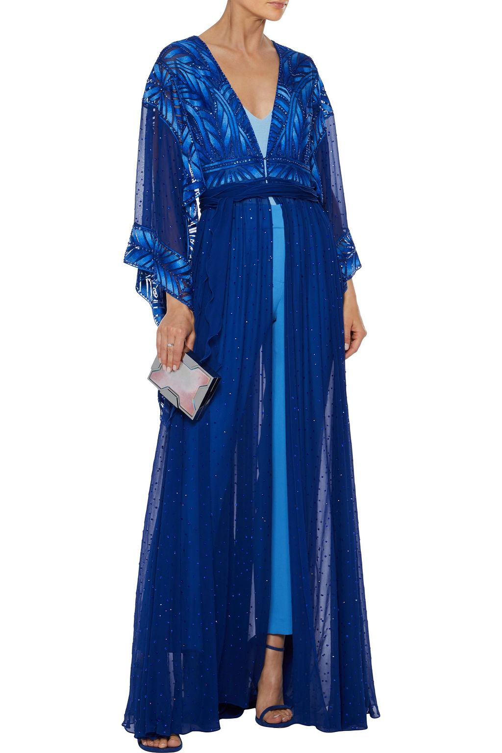 JENNY PACKHAM Embellished tulle-paneled silk-chiffon kimono