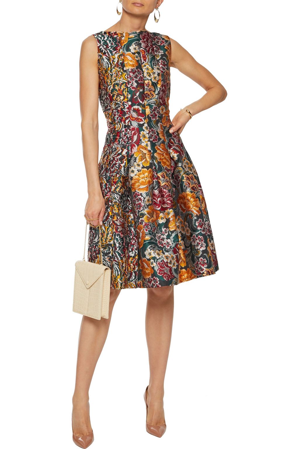 OSCAR DE LA RENTA Pleated fil coupé brocade dress
