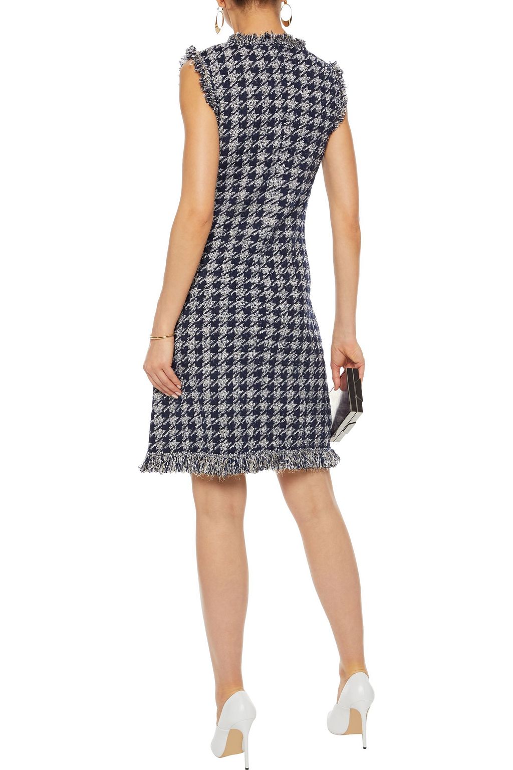 OSCAR DE LA RENTA Frayed metallic houndstooth wool-blend bouclé dress