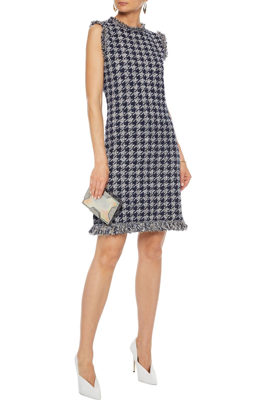 OSCAR DE LA RENTA Frayed metallic houndstooth wool-blend bouclé dress