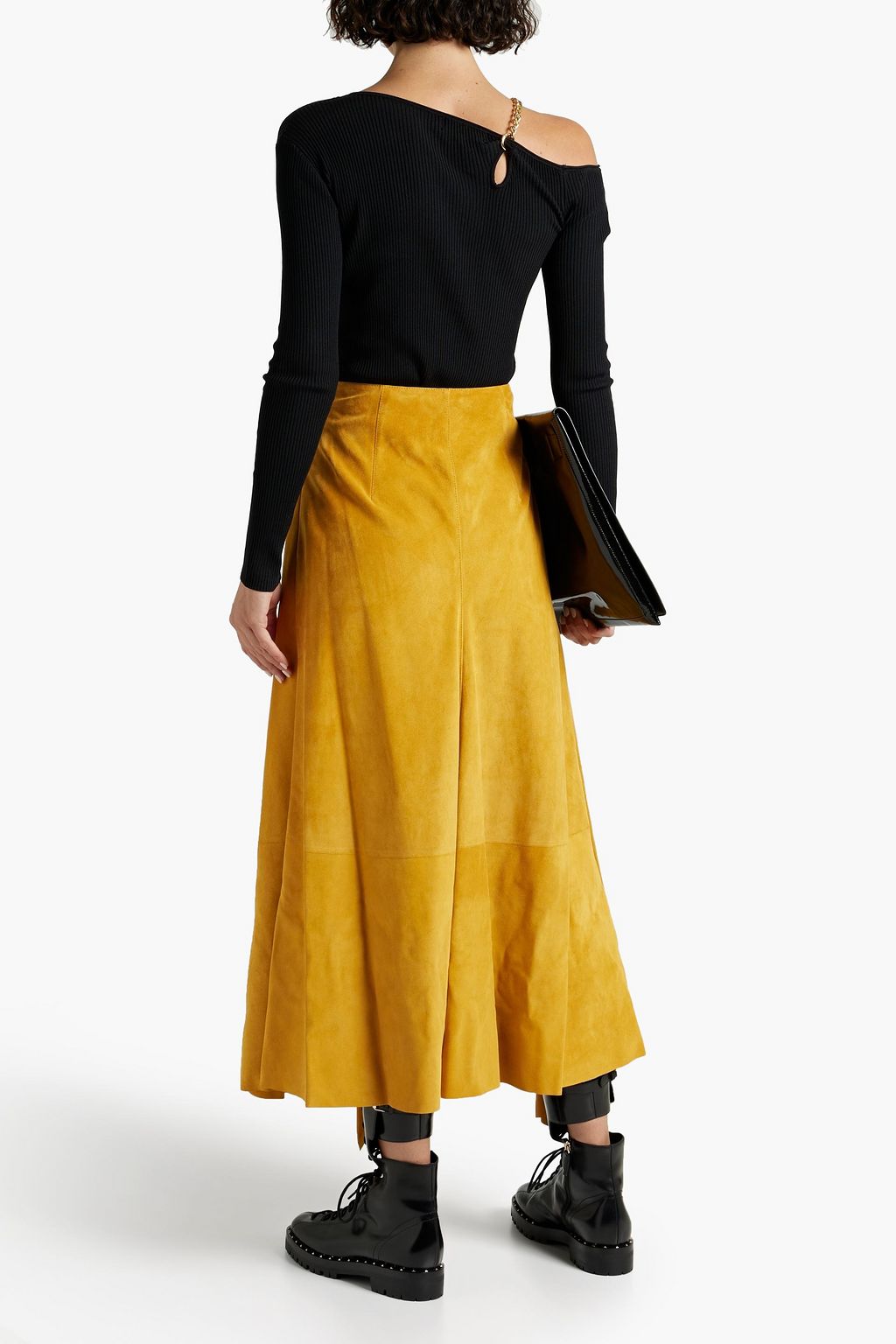MCQUEEN Asymmetric gathered suede midi skirt