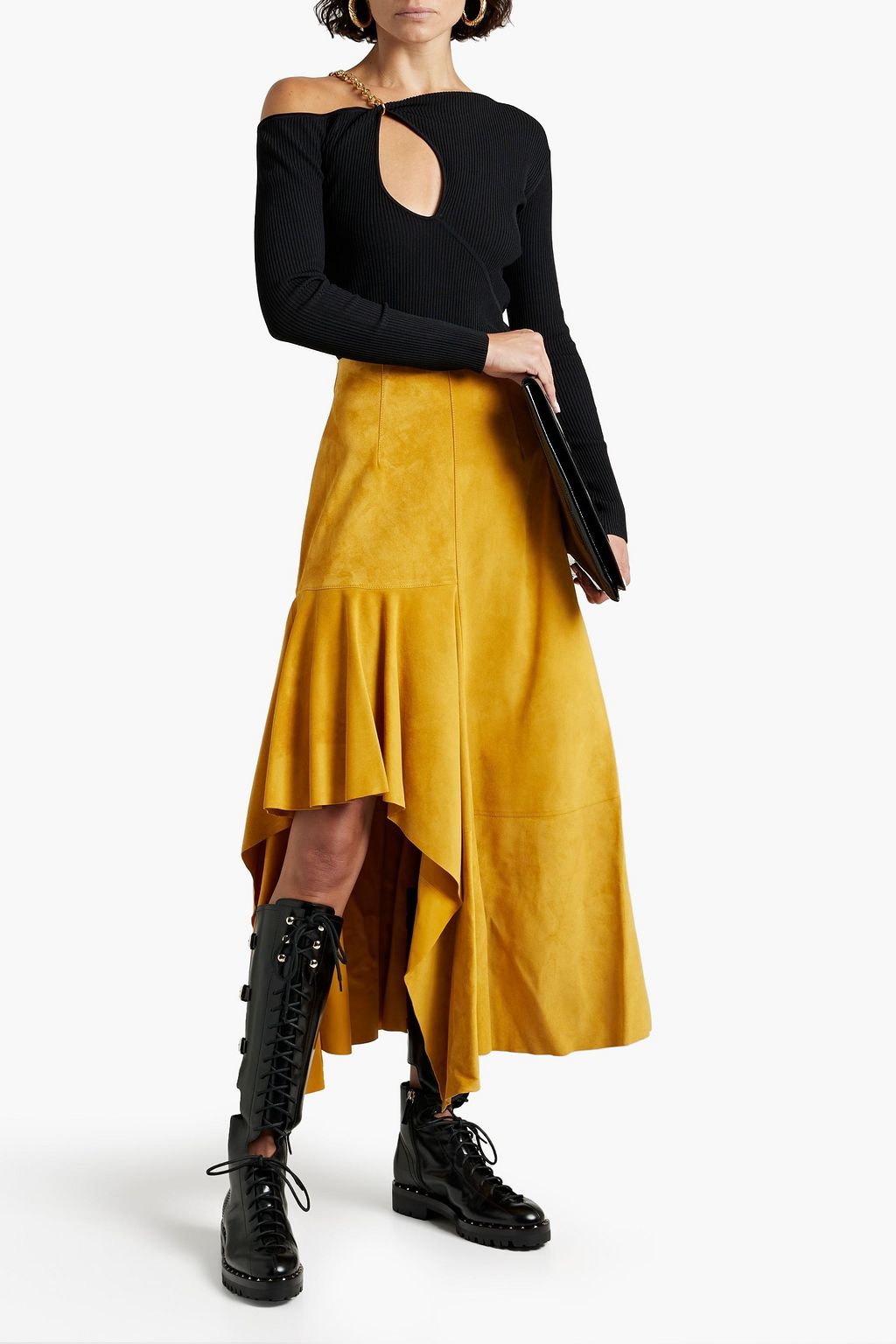 MCQUEEN Asymmetric gathered suede midi skirt