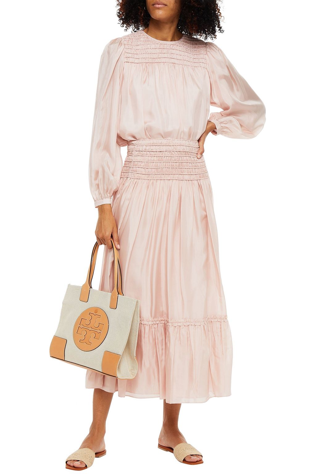 TORY BURCH Ruffle-trimmed shirred silk midi skirt