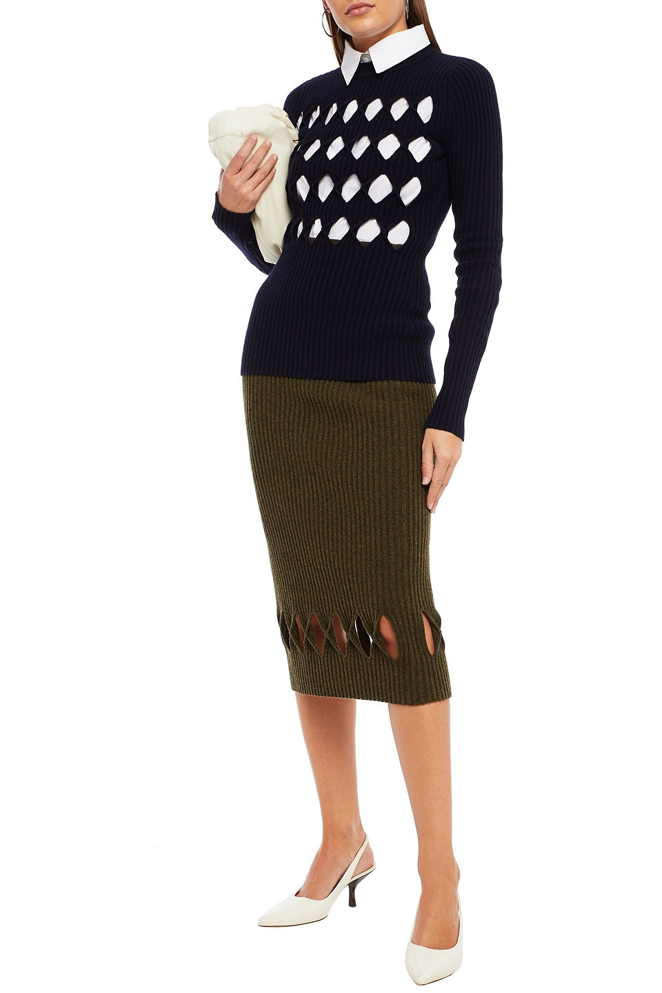Victoria Beckham Cutout Ribbed Wool-blend Sweater In Navy