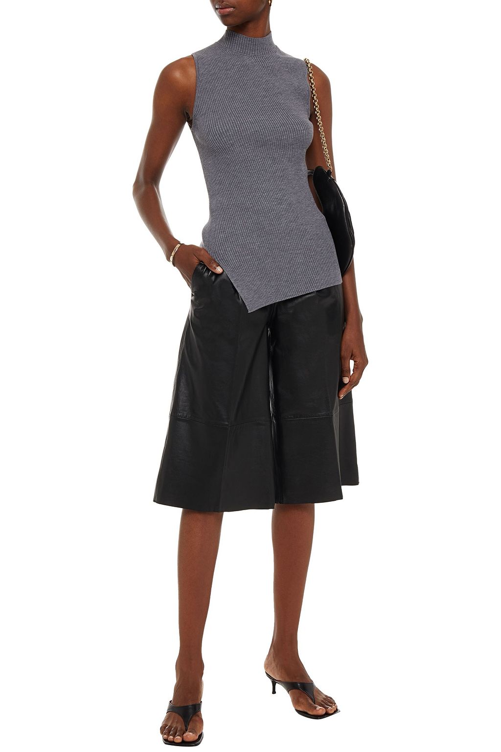 THEORY Asymmetric ribbed wool-blend turtleneck top