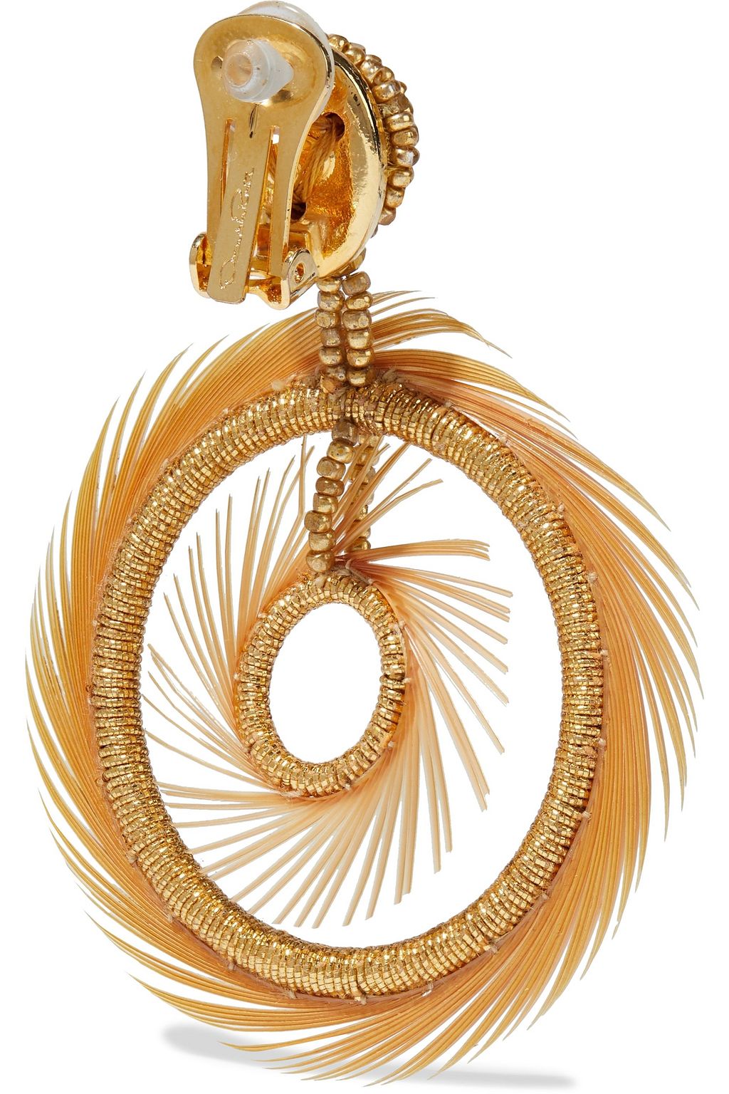OSCAR DE LA RENTA Gold-tone, bead, cord and faux feather clip earrings