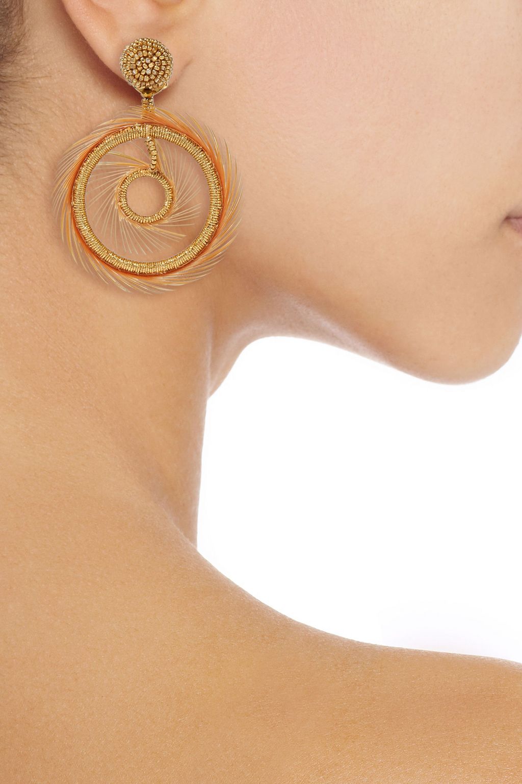 OSCAR DE LA RENTA Gold-tone, bead, cord and faux feather clip earrings