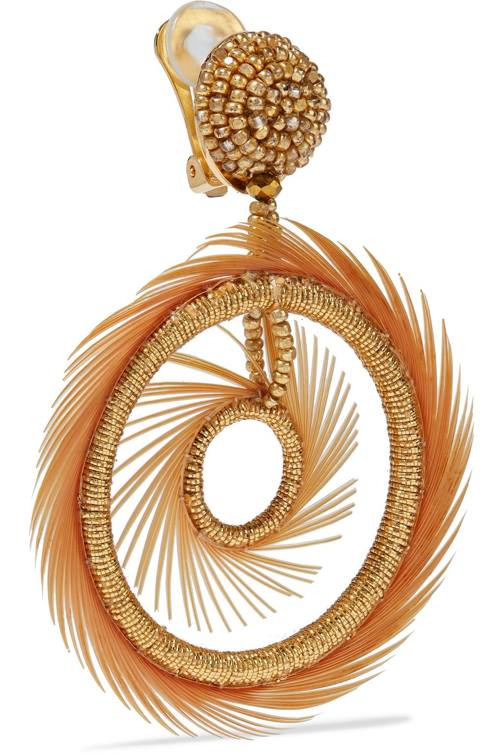 OSCAR DE LA RENTA Gold-tone, bead, cord and faux feather clip earrings