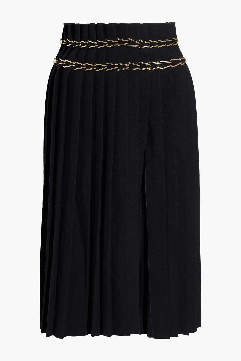 Chain-trimmed pleated crepe skirt