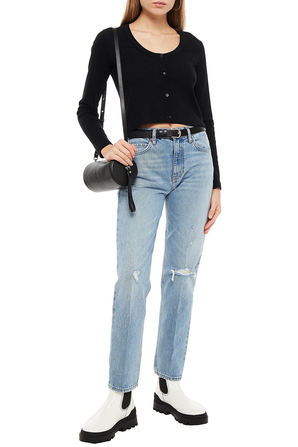 NINETY PERCENT Cropped pointelle-knit organic cotton cardigan