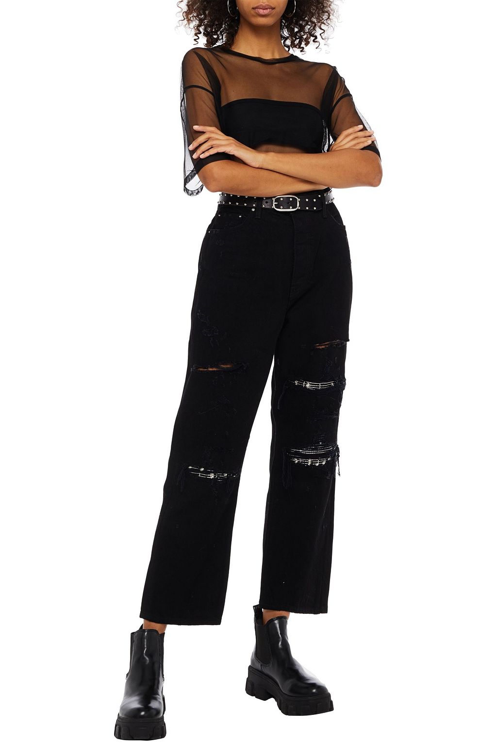AMIRI Bead-embellished distressed high-rise wide-leg jeans