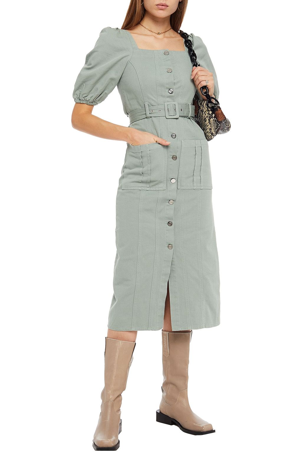 GESTUZ Belliogz belted cotton-drill midi dress