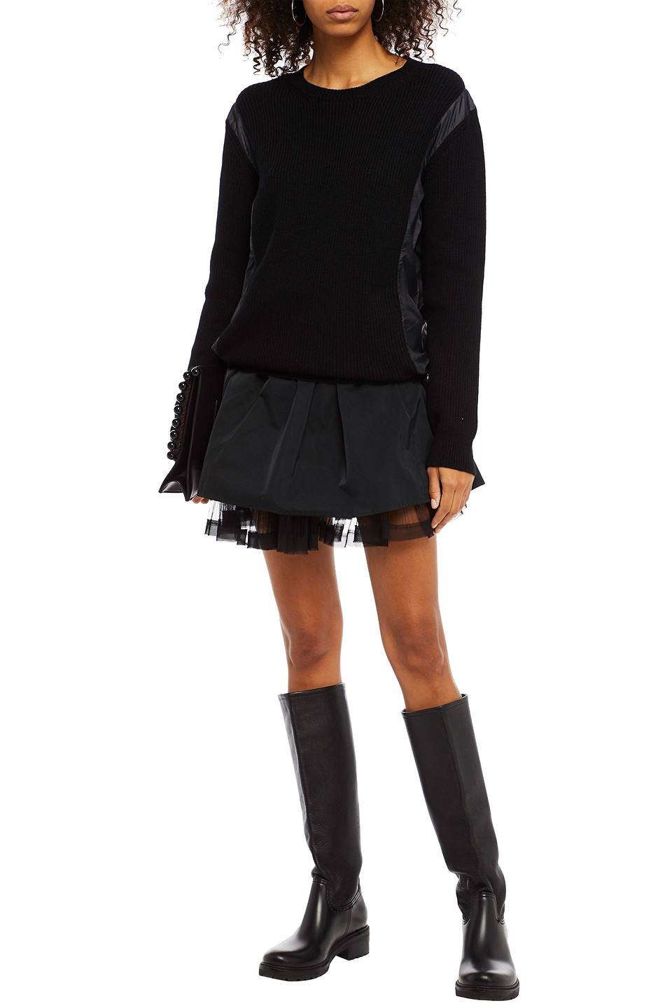 Red Valentino Shell-paneled Ribbed Wool Jumper In Black