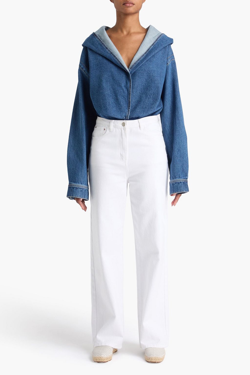 ALAÏA Hooded denim and stretch-knit thong bodysuit
