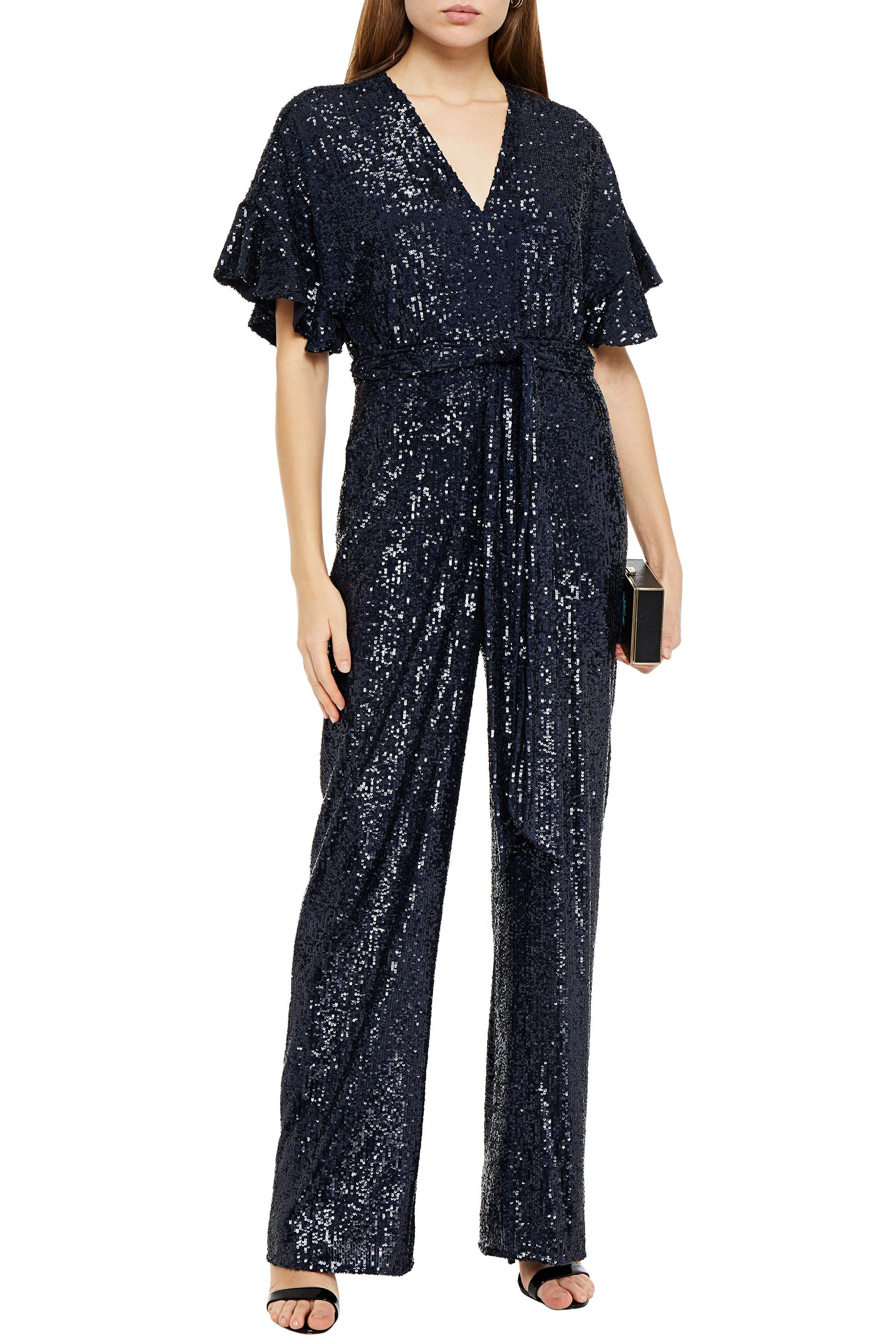 SACHIN & BABI Belted sequined mesh jumpsuit