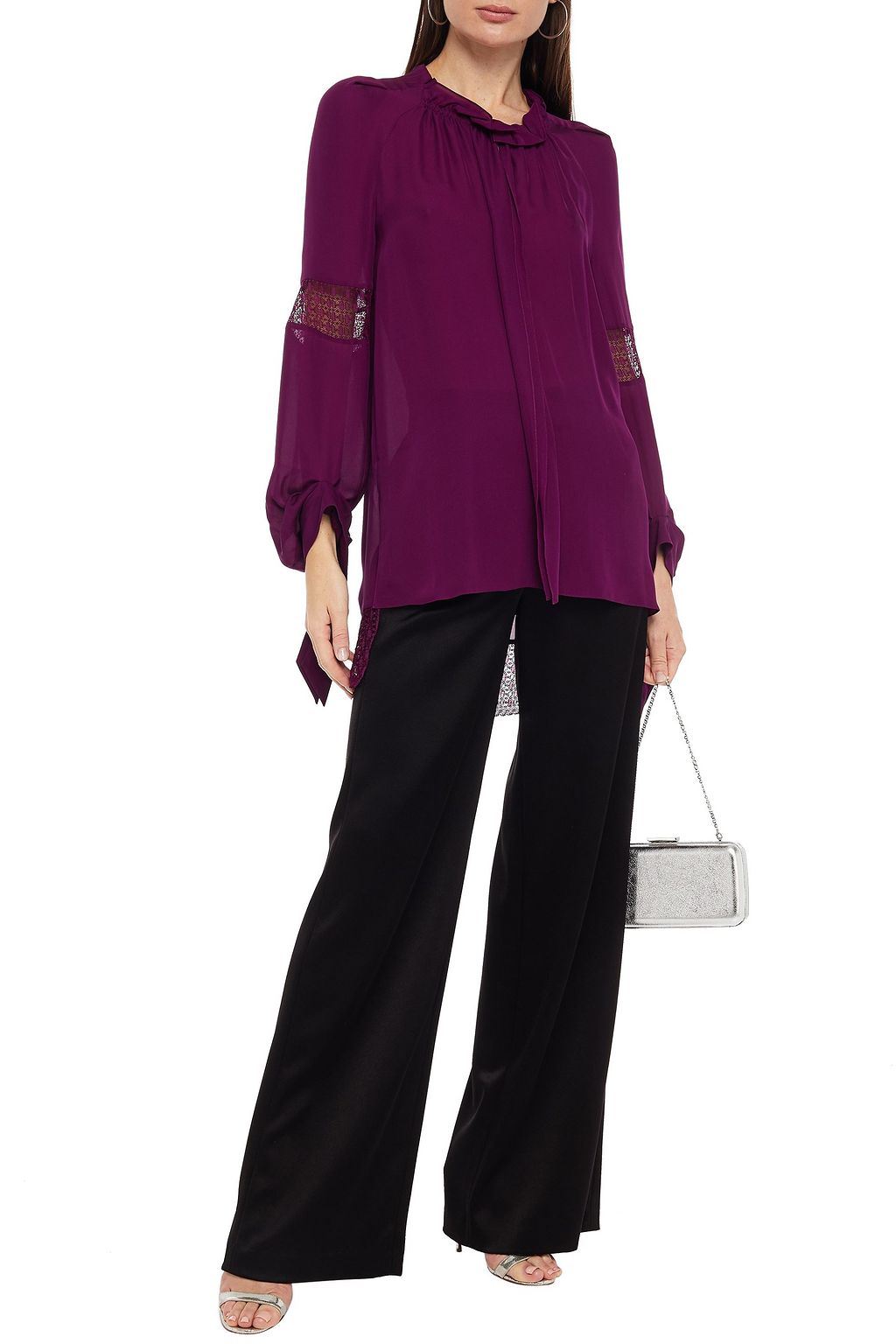 ROLAND MOURET Lolo ruffled lace-trimmed silk crepe de chine blouse